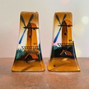 Vintage Windmill Salt & Pepper Shakers – Gold Leaf Tops, Porcelain 1940's